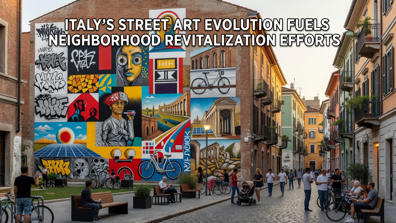 Large-scale mural covering an entire building facade in an Italian city district undergoing revitalization